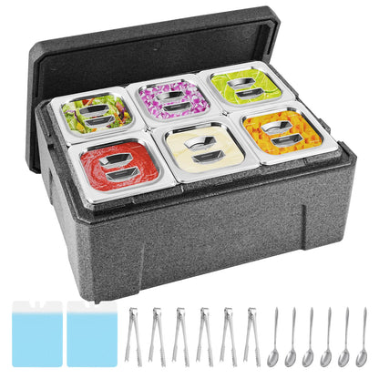 Tragaomx Insulated Cold Food Buffet Ice Serving Trays 6 Lids 6 Pans 2 Ice Packs Insulation Box Cooled Condiment Serving Container Ice Platter Food Cooler for Parties Buffets Fruit Market
