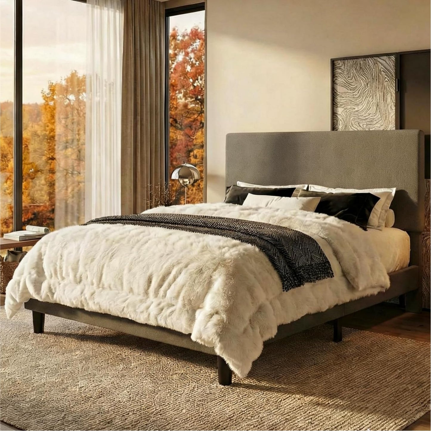 SHA CERLIN Full Size Platform Bed Frame with Adjustable Headboard and Wooden Slats Support, Boucle Upholstered Mattress Foundation, No Box Spring Needed, Easy Assembly, Dark Grey