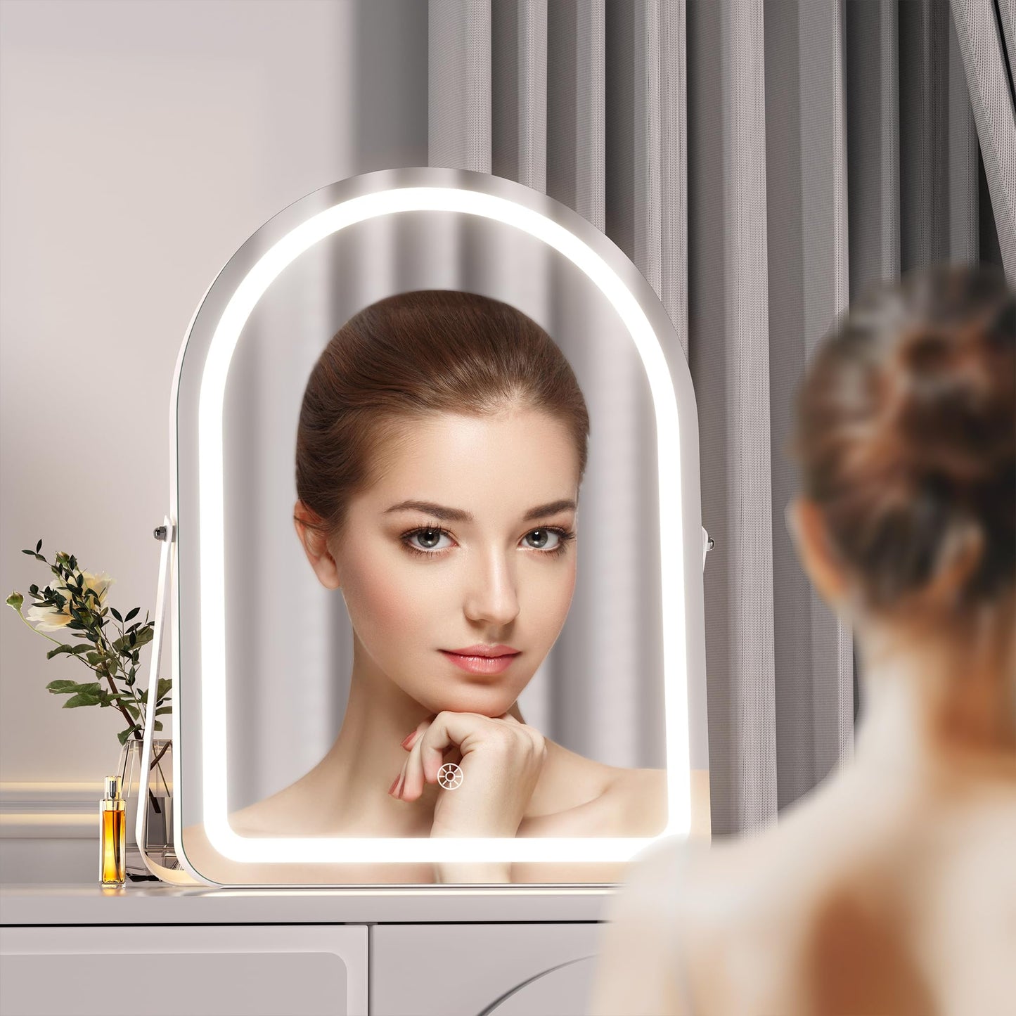 Hasipu Vanity Mirror with Lights, 11"× 14" Arched LED Makeup Mirror, Lighted Makeup Mirror with Lights, Smart Touch Control Dimmable 3 Modes Light 360°Rotation White