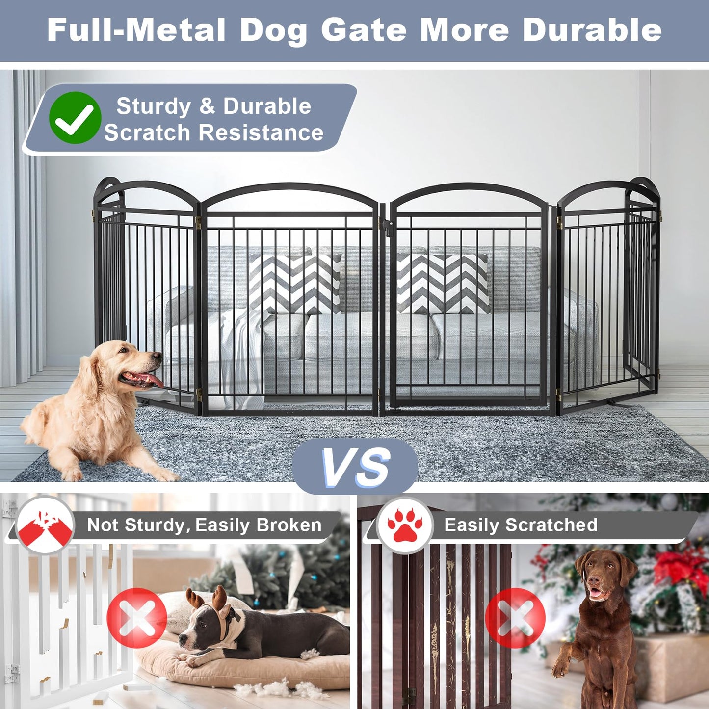 Full Metal Free Standing Dog Gate with Door for Indoor Barriers,144'' Extra Wide 32'' Tall Dog Gate for Doorways,Large Openings,Decks,Freestanding Portable Pet Fence(6 Panels,Black)