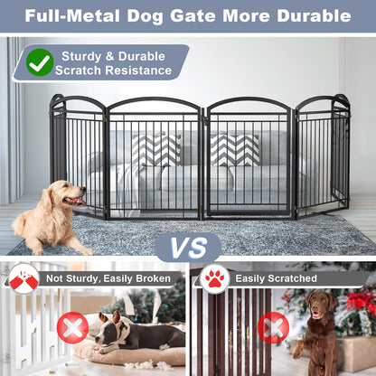 Full Metal Free Standing Dog Gate with Door for Indoor Barriers,144'' Extra Wide 32'' Tall Dog Gate for Doorways,Large Openings,Decks,Freestanding Portable Pet Fence(6 Panels,Black)