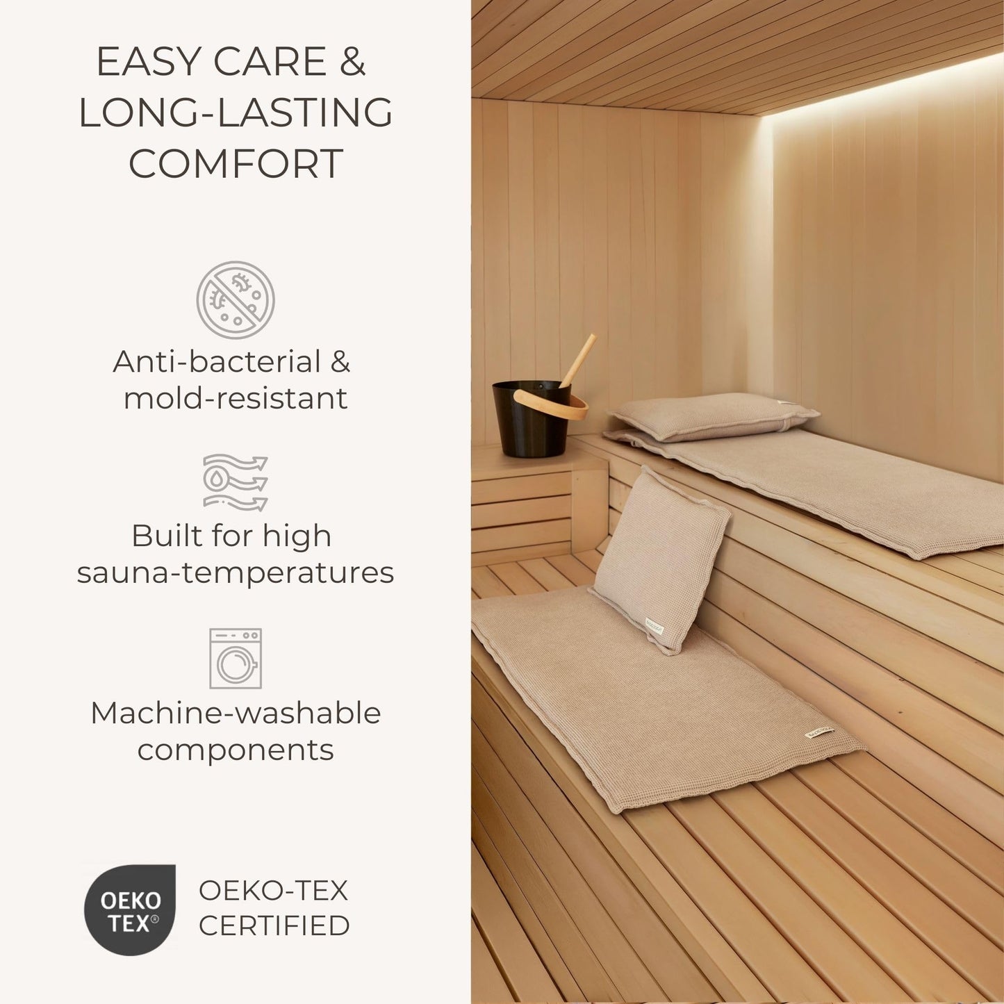 BADESOFA SAUNASOFA™ Sauna Mat & Pillow Set – 3 Seater Sauna seat Cushion and Pillow for Indoor and Outdoor Infrared or Finnish Sauna – Luxury Sauna Gift in Charcoal