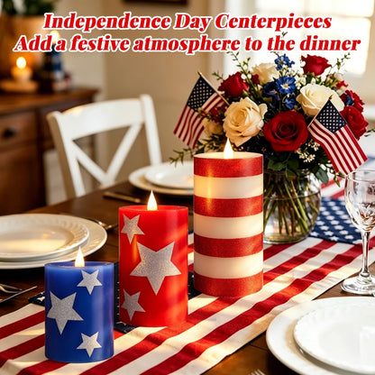 LCZLUMIPRO Set of 3 Patriotic Flameless Candles, Red White and Blue Battery Operated Pillar Candles, Patriotic Candles for 4th of July Independence Day Home Decor