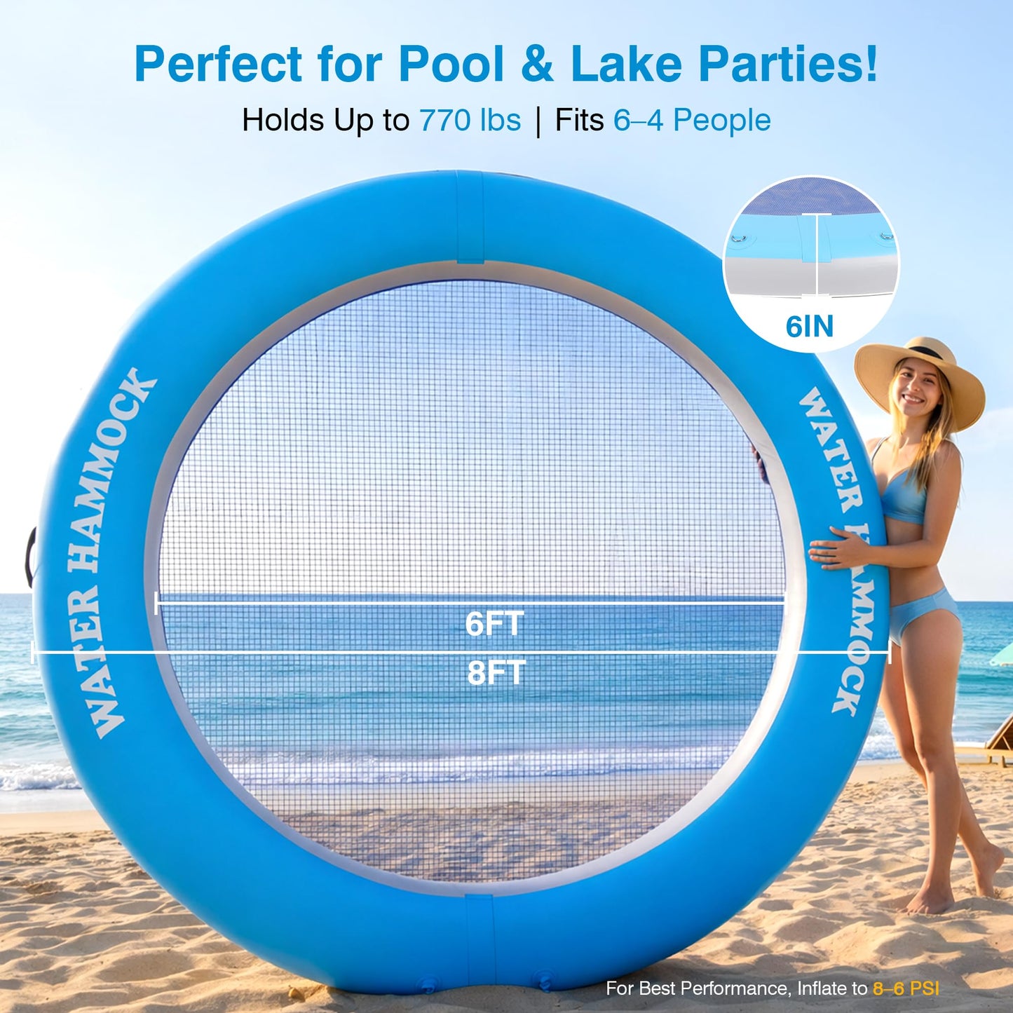 Round Floating Ring Inflatable Water Hammock 8FT & Floating Dock – Adult Air Platform & Island Raft Mat, Sunbathing, Swim Platform, Detachable Ladder & Carry Bag