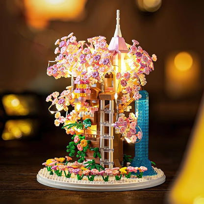 Cherry Blossom Bonsai Tree House Building Flowers Set for Adults 1382 Pcs Micro-Particle Ideas Sakura Tree Building Blocks Complete with String Lights Dust Cover and Wooden Base