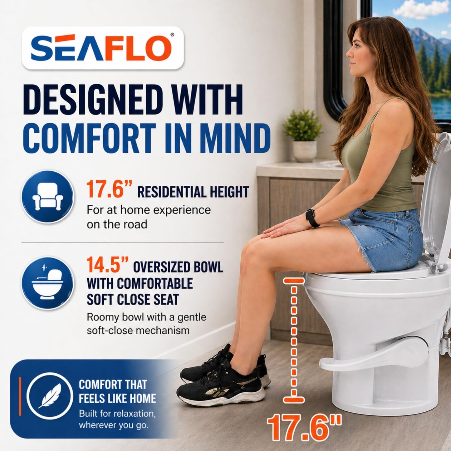 SEAFLO RV Toilet, Residential Height 18.4", Gravity Flush Foot Pedal, Soft Close Seat, Camper Toilet for RV Motorhome Travel Trailer, White, SFRTPH-01-01, 4-Year Warranty