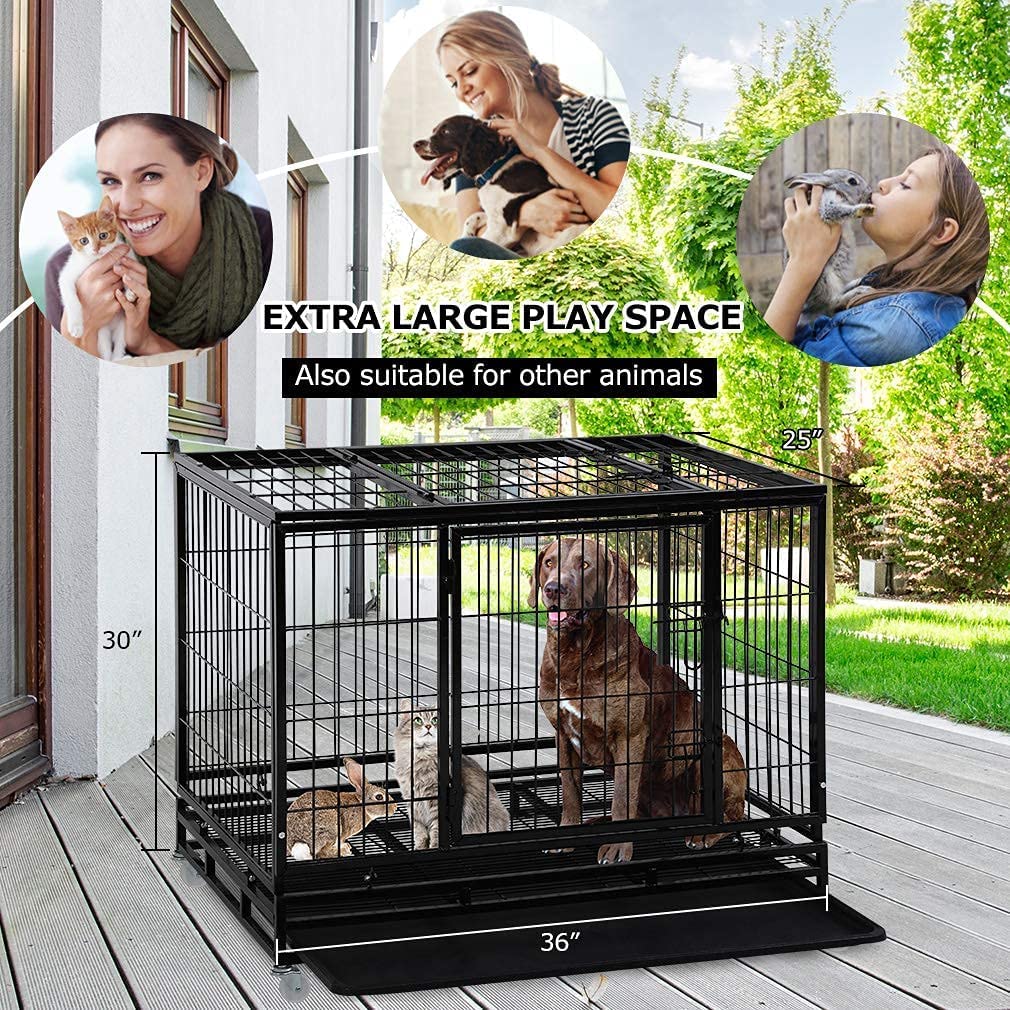 FDW Dog Crate Dog Cage Dog Kennel for Large Dogs Heavy Duty 36 Inches Pet Playpen for Training Indoor Outdoor with Plastic Tray Double Doors & Locks Design