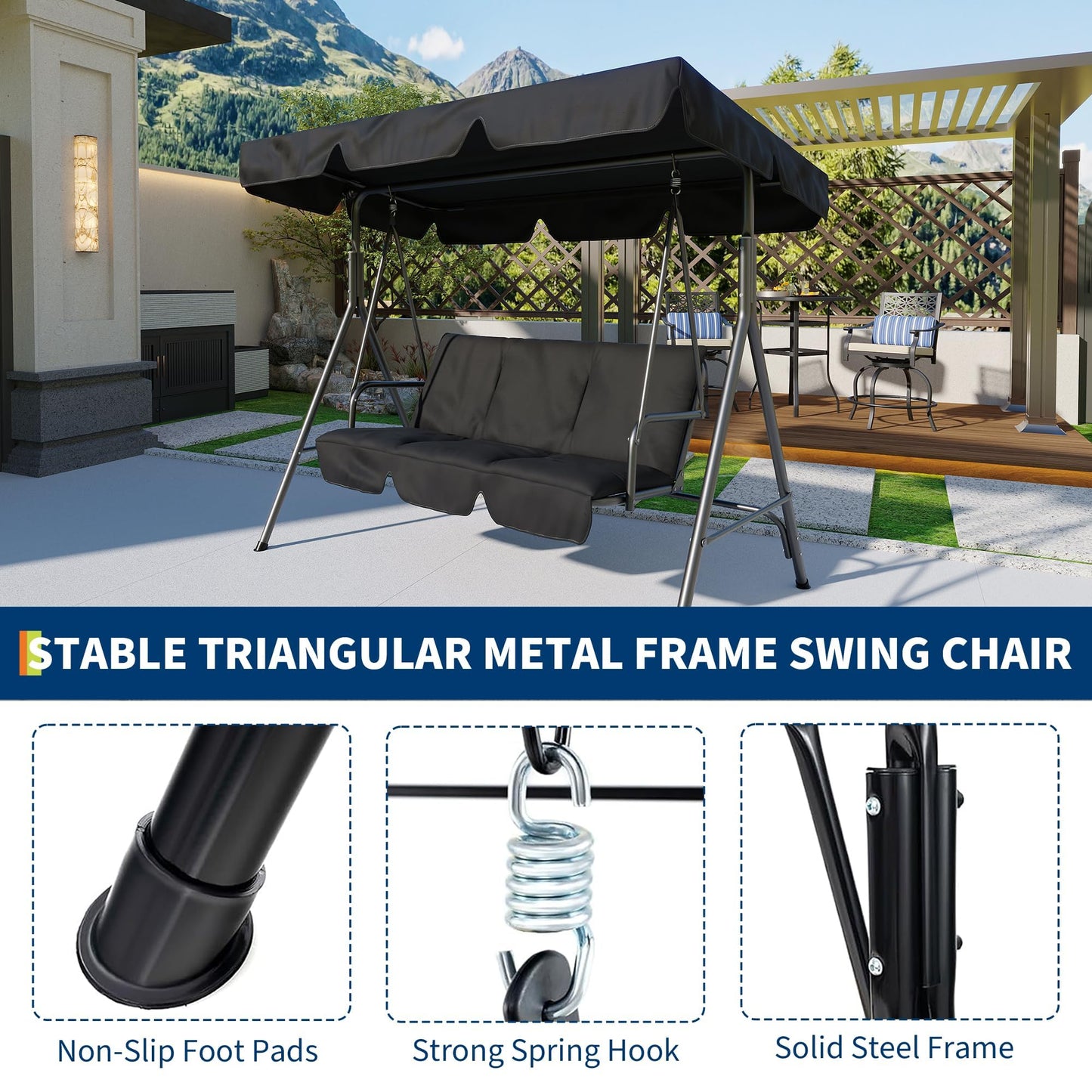 3 Seat Outdoor Porch Patio Swing with Stand and Adjustable Canopy, 800lbs Patio Chairs Porch Swing with Adjustable Tilt Shade for Blackyard Garden Deck, Grey