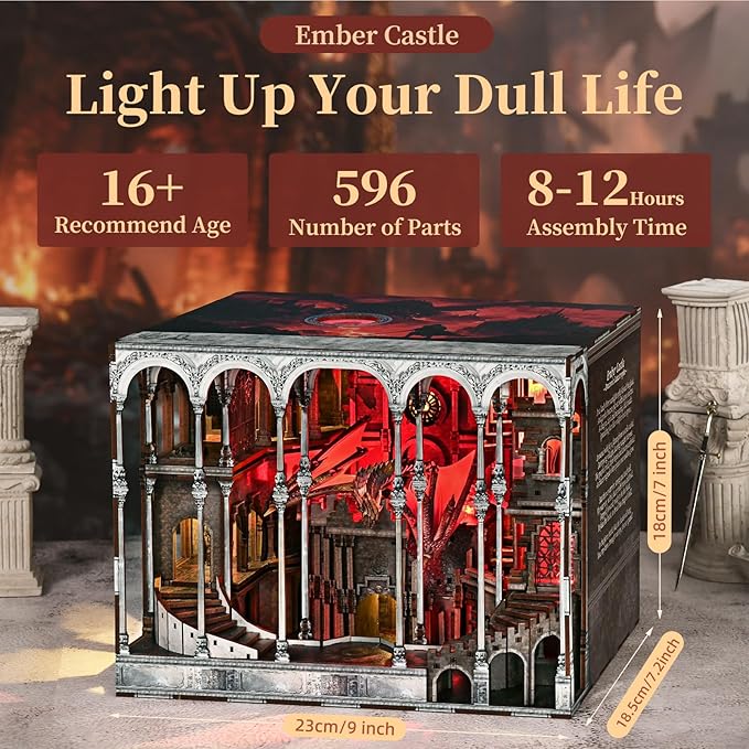 Book Nook Kit DIY Miniature House Dollhouse Kit for Adult and Teens Booknook Bookshelf Decor Castle Model Build with LED Light Gifts for Family and Friends (Ember Castle)