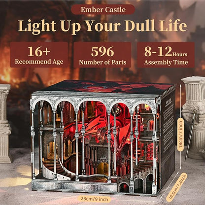 Book Nook Kit DIY Miniature House Dollhouse Kit for Adult and Teens Booknook Bookshelf Decor Castle Model Build with LED Light Gifts for Family and Friends (Ember Castle)