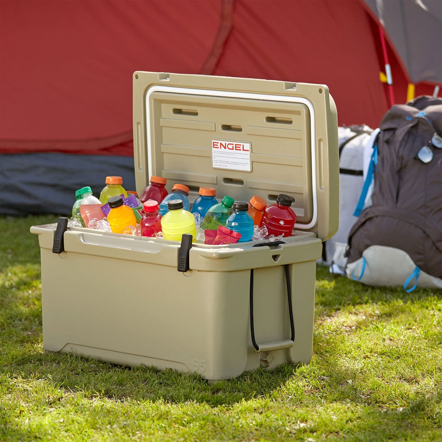 Engel Coolers ENG65 Cooler | 70 Can High Performance Durable Seamless Rotationally Molded Ice Box for Camping, Hunting, and Fishing - Tan