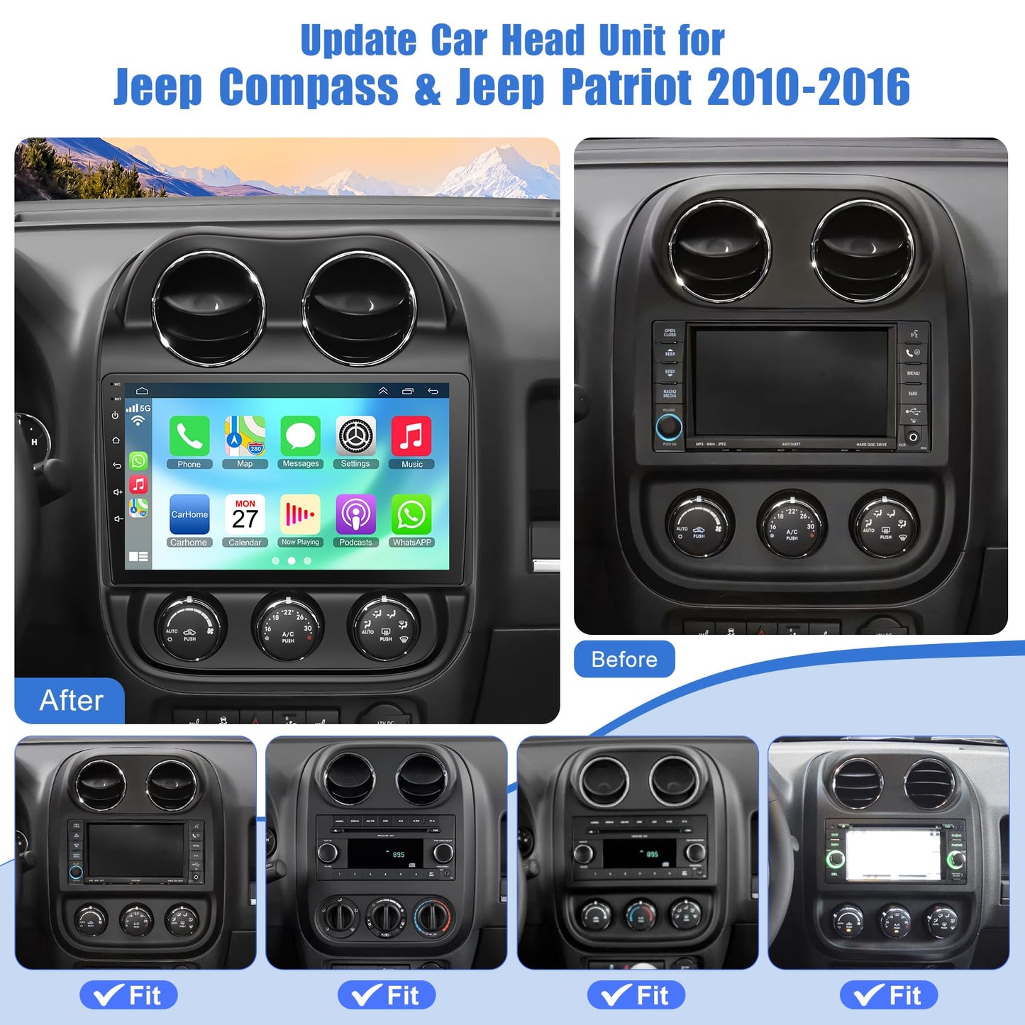 [4+64G] Android 13 Car Stereo for Jeep Compass Patriot 2010-2016 Support Wireless Carplay&Android Auto, 10.1 inch IPS Touchscreen Patriot Radio with GPS, WiFi, Bluetooth FM Radio