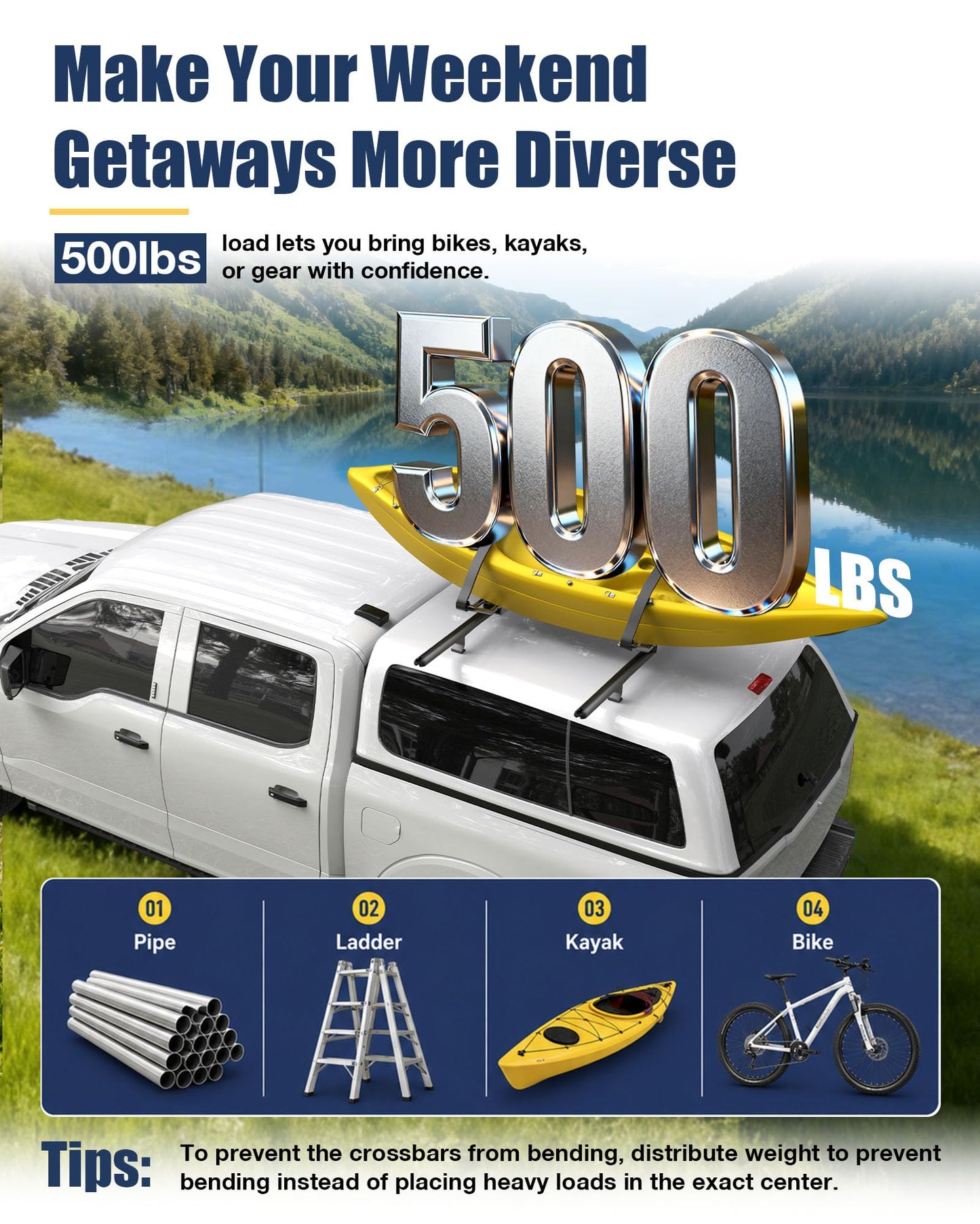 Mountainpeak 500LB Capacity Pickup Truck Topper Ladder Rack Camper Shell Roof Rack for Van Trailer Truck Cap Rack - 60" Crossbar Aluminum Black