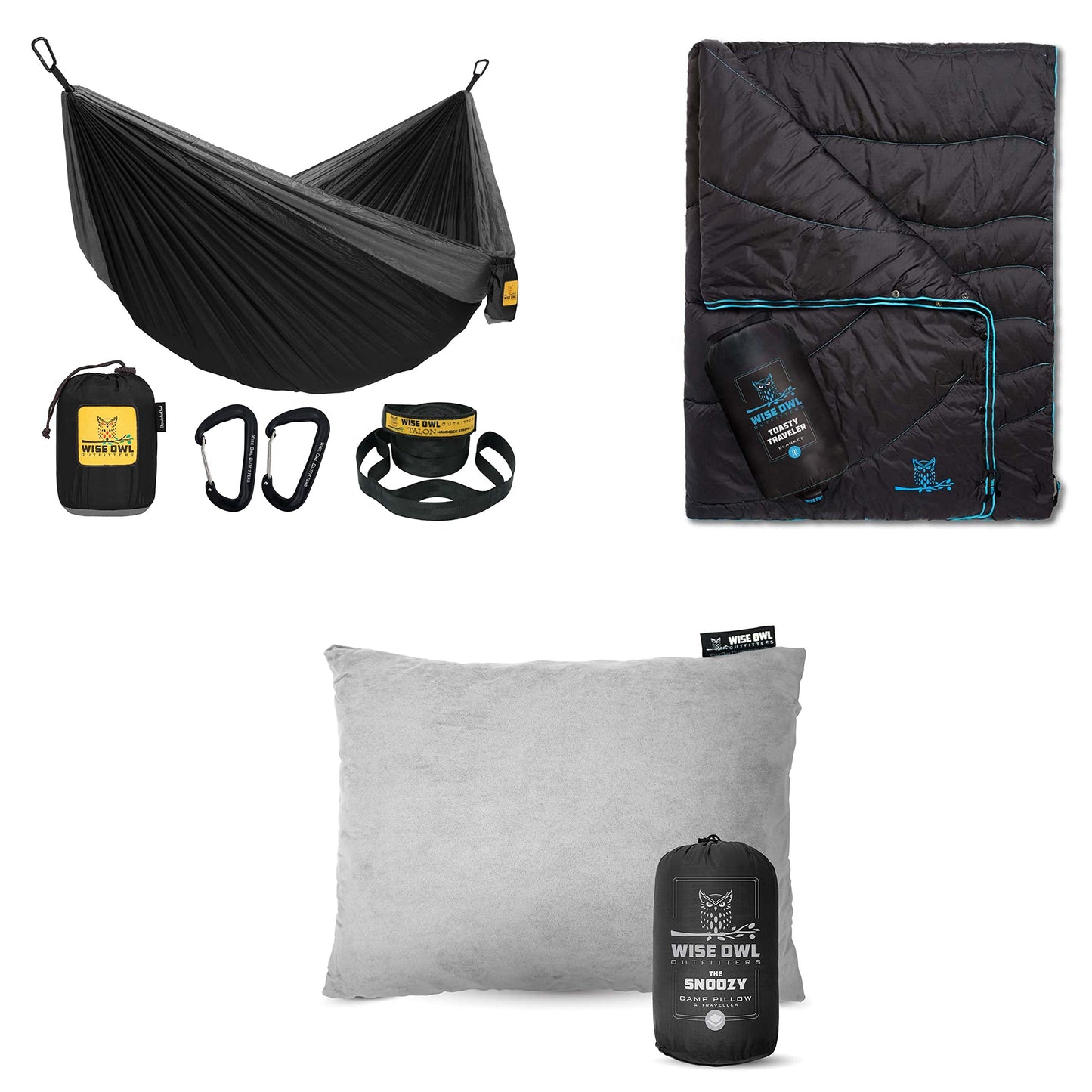 Wise Owl Outfitters Black Hammock with Pillow & Blanket - 400 lbs Capacity, 16 oz Weight, Waterproof Camping Accessories