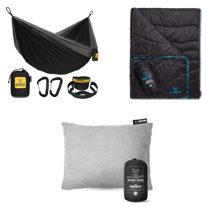 Wise Owl Outfitters Black Hammock with Pillow & Blanket - 400 lbs Capacity, 16 oz Weight, Waterproof Camping Accessories