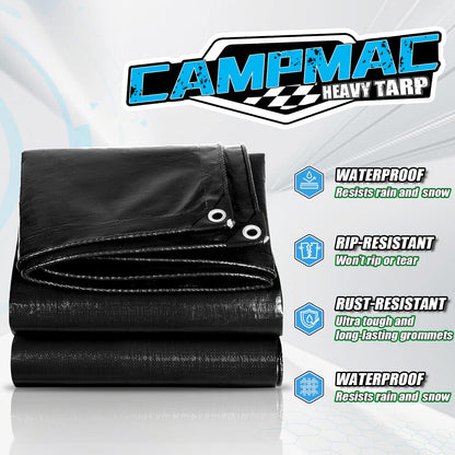 CAMPMAC Black Tarps Heavy Duty Waterproof 30x40, 12 Mil Thick, High Durability, Rip and Tear Resistant with Metal Grommets Every 20 Inches