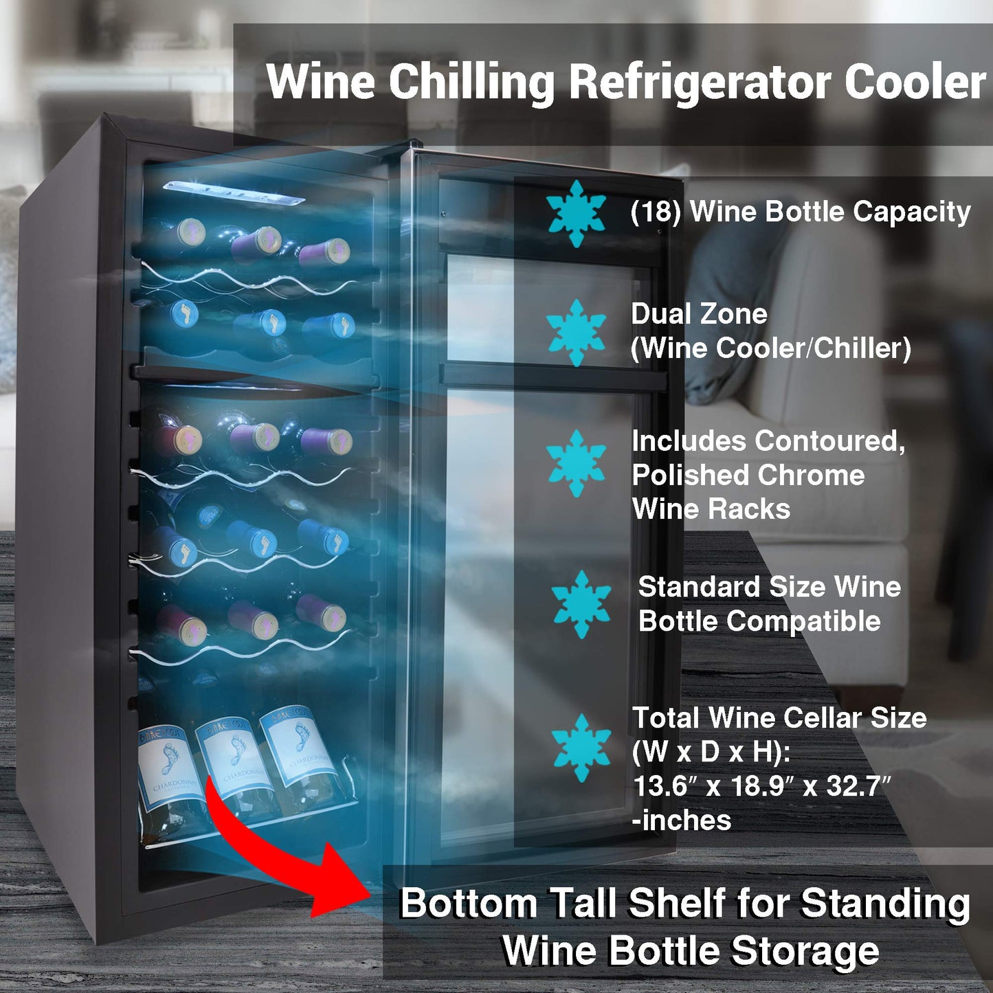NutriChef 18 Bottle Wine Fridge | Dual Zone Wine Chiller | Adjustable Temperature 41°F to 64°F | Ultra Quiet Operation | Wine Cooler For Home & Office | Free Standing 32x13x19 IN | Black
