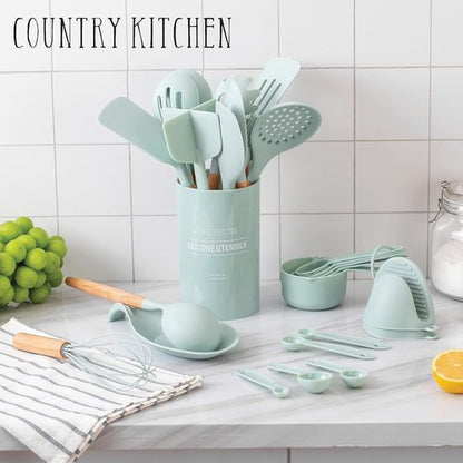 Country Kitchen Non-Stick Silicone Utensil Set - 38 Piece Cooking & Baking Tools in Mint