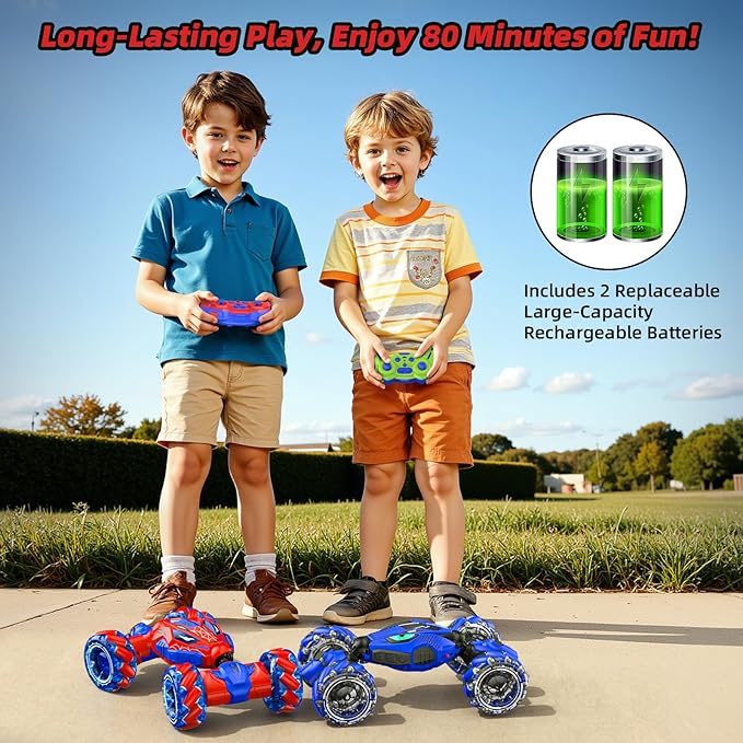 Unique 4WD 360° Rotating Gesture Sensing RC Stunt Car Double‑Sided Driving RC Drift Car with Lights Music &amp Spray Kids Outdoor Cars Toys for Ages 6-12 Gifts for Boys 6-122 Replaceable Batteri
