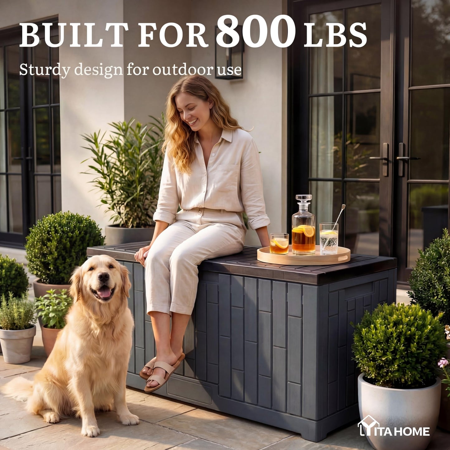 YITAHOME 120 Gallon Large Deck Box, 53"L x 22.7"W x 25.5"H Resin Outdoor Storage Box with Slide-Locking Black Lid for Patio Cushions, Garden Tools, Pool Supplies, Easy Assembly, Waterproof, Dark Gray