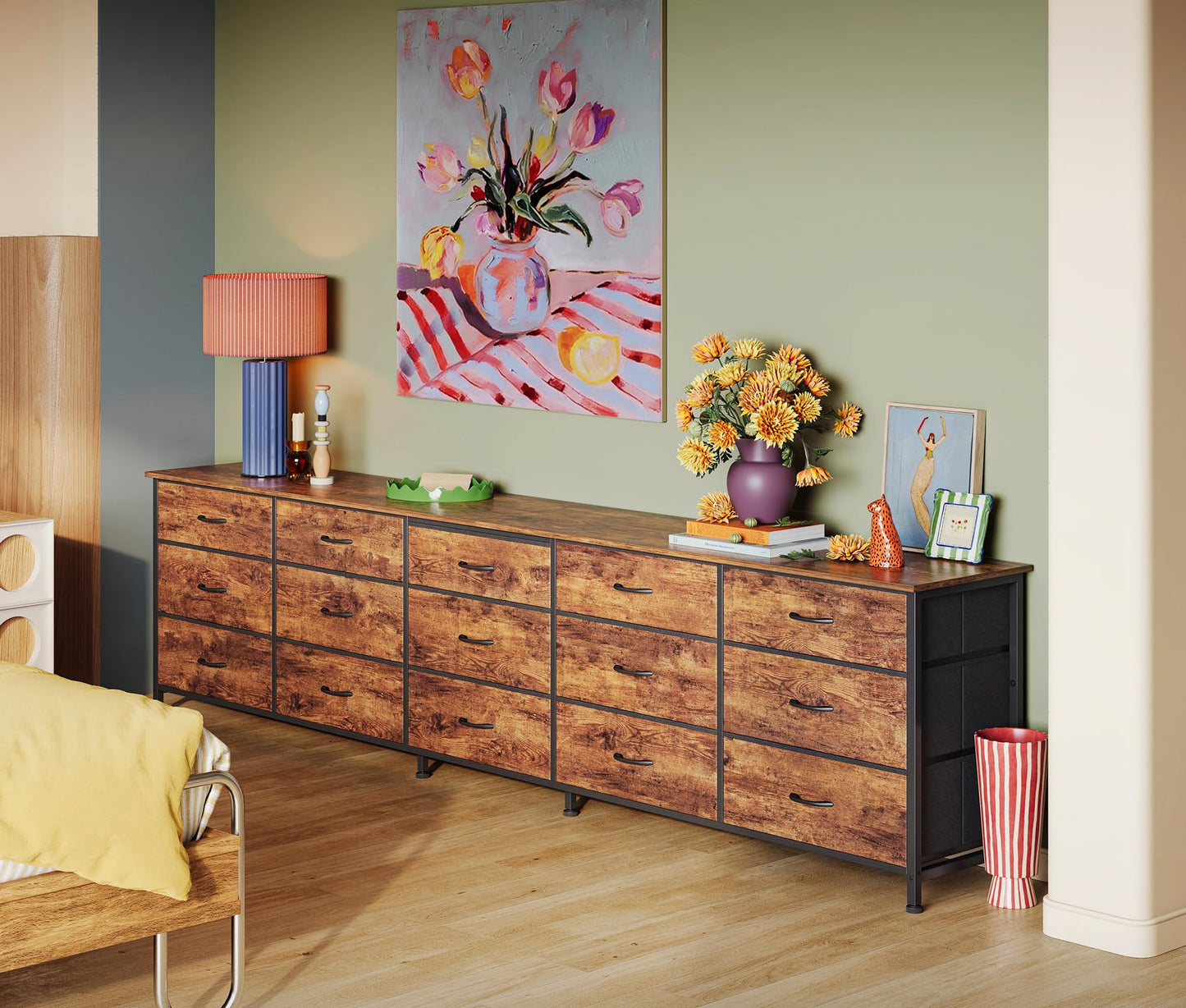 Huuger 86.6 Inch Dresser for Bedroom, TV Stand for 65, 75, 85 Inch TV, 15 Fabric Drawer Long Dresser, Large Entertainment Center for Bedroom, Wide Chest of Drawer with Storage, Rustic Brown