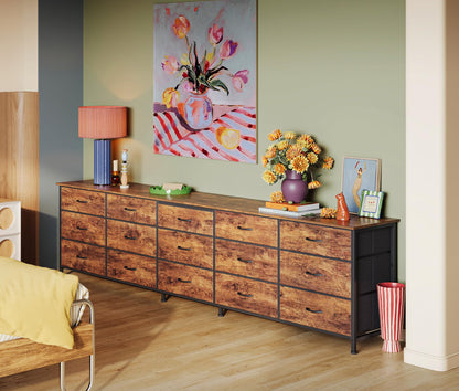 Huuger 86.6 Inch Dresser for Bedroom, TV Stand for 65, 75, 85 Inch TV, 15 Fabric Drawer Long Dresser, Large Entertainment Center for Bedroom, Wide Chest of Drawer with Storage, Rustic Brown