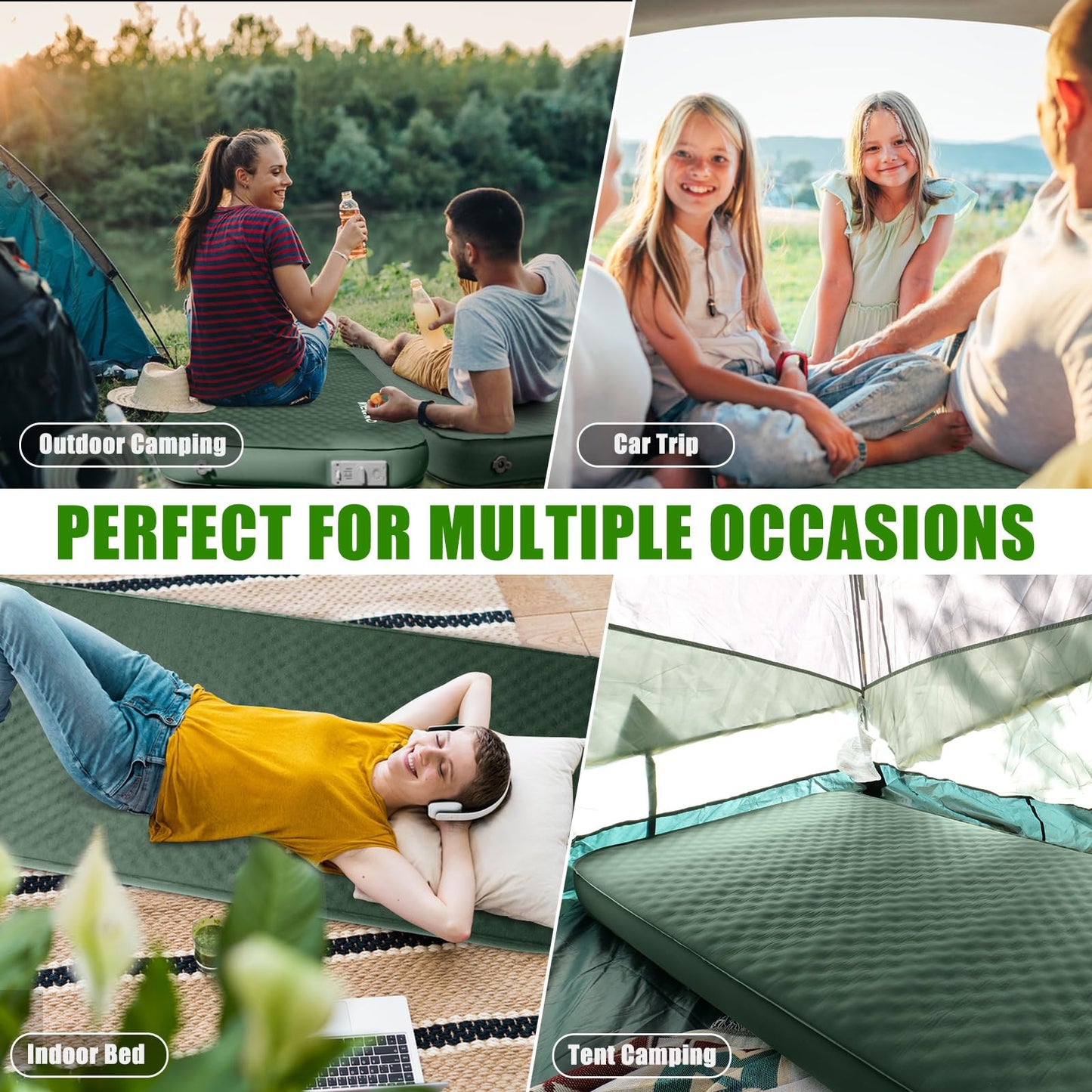 NYECHTO Self Inflating Sleeping Pad for Camping, 4" Extra-Thick Memory Foam Camping Mattress with Electric Pump, Fast Inflate & Deflate,9.5 R-Value Insulated Camping Pad for Car Travel Tent Cot, Green