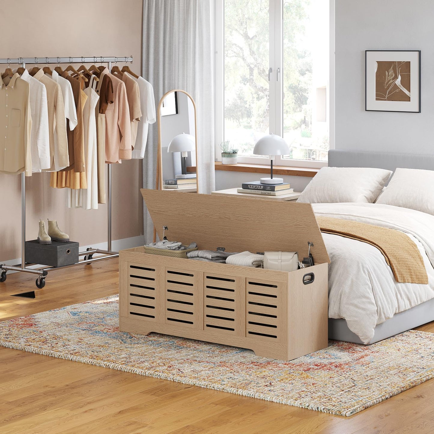 DINZI LVJ Storage Chest, 47.3”Wooden Storage Box with 2 Safety Hinges, Entryway Shoe Bench with Flip-Top, Farmhouse Style Trunk for Living Room, Bedroom, Play Room, Easy Assembly, Natural