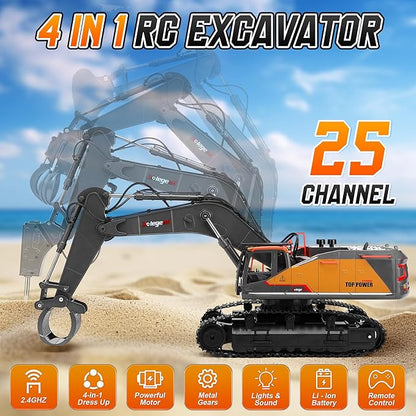 kolegend 1:14 RC Excavator 25 Channel 4 in 1 Construction ToysRemote Control Vehicles Tractor Sandbox Toys Diggerwith Metal BucketDrill BitGripper &amp Wood Gripper RC Truck