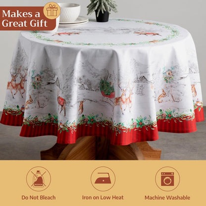 Maison d' Hermine Table Cloth Round Table 100% Cotton 69 Inches Fall Tablecloth Reusable Everyday Use for Thanksgiving Christmas Decorations Dining Farmhouse Party (Christmas Tradition)