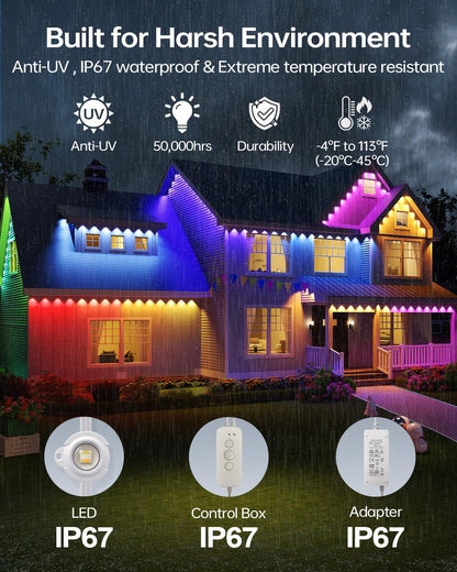 ASAHOM AI Permanent Outdoor Lights S107C, 150FT with 108 RGBCW LED Lights and Dual Output, 30,000 Lighting Effect Combination, IP67 Waterproof for House Halloween Christmas and Daily Decoration, White