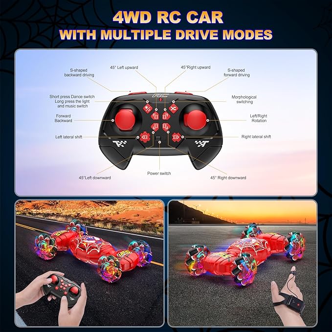 Nikuku Remote Control Car - 2.4GHz 4WD Gesture Sensing RC Stunt Car Toys for Boys and Girls Ages 6-12 360° Rotating Drift RC Cars with Lights and Music Ideal Birthday and Xmas Gift