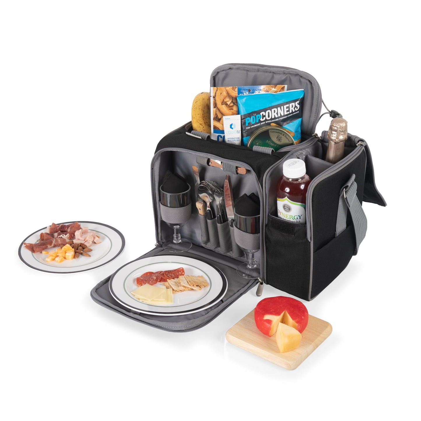 PICNIC TIME Malibu Picnic Basket Cooler, Full Service Lunch Bag for 2, Easy Carry Modern Cooler Bag, Water-Resistant Insulated Lunchbag with Shoulder Strap, (Heathered Gray with Black Accents)