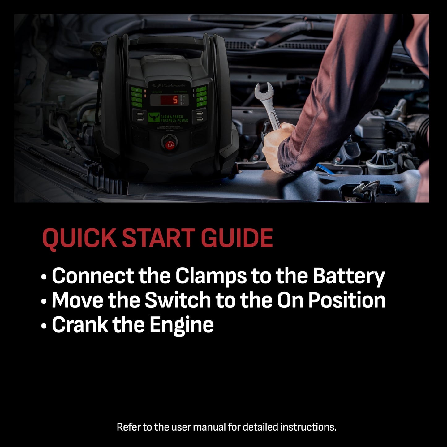 Schumacher Electric Farm & Ranch 1200A Car Battery Jump Starter and Portable Power Station, 5-in-1 Solution for 12V Batteries, 100-PSI Air Compressor, 200 Continuous/400 Peak Watt Inverter, FR01337