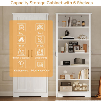 Decofy 70" Tall Storage Cabinet, Large Wood Storage Pantry Cabinet with 6 Adjustable Shelves & 2 Doors, Standing Utility Storage Cabinets for Kitchen, Bathroom, Dining Room (Soft White)
