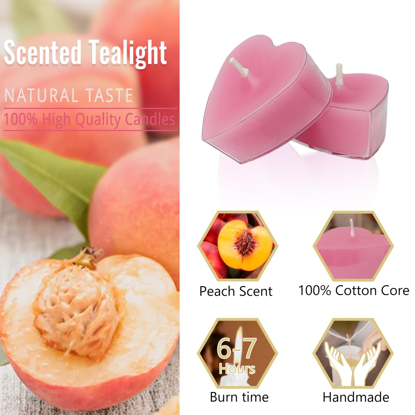 Tea Lights Rose Red Heart Tea Candles Set of 24 – Tealight Candles with Peach Scent, Long Burning Handmade Tealights for Wedding Meditation Home Decor Gift