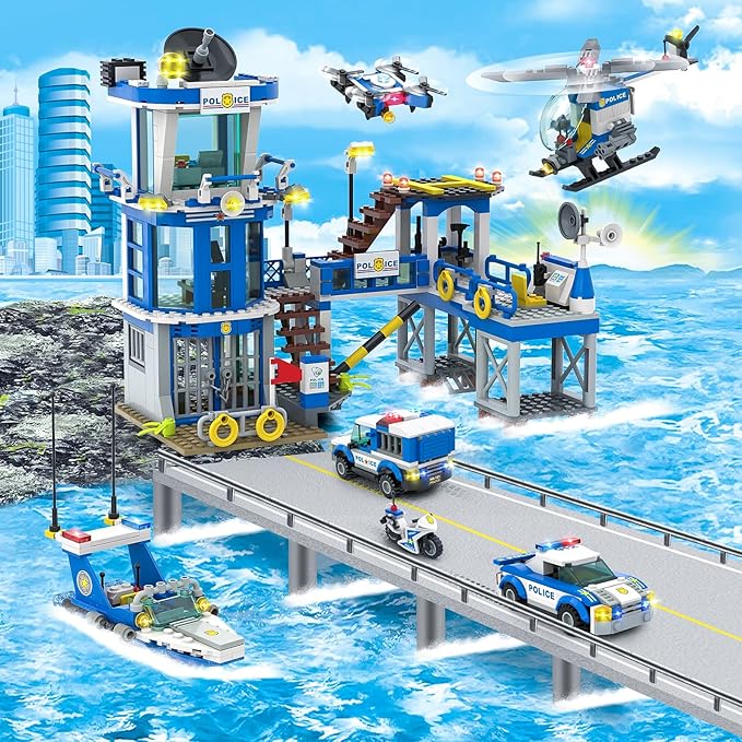 City Police Station Toy Building Set - 890 Pieces Helicopter Police Car and Truck Patrol Boat Coast Guard Headquarter Toy - Ideal Creative Roleplay Gift for Kids Boys and Girls Ages 6-14