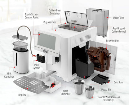 Zulay Magia Espresso Machine With Grinder - 19 Customizable Coffee Options | Includes Insulated Milk Container & Deluxe Cups - Auto-Cleaning - OG White