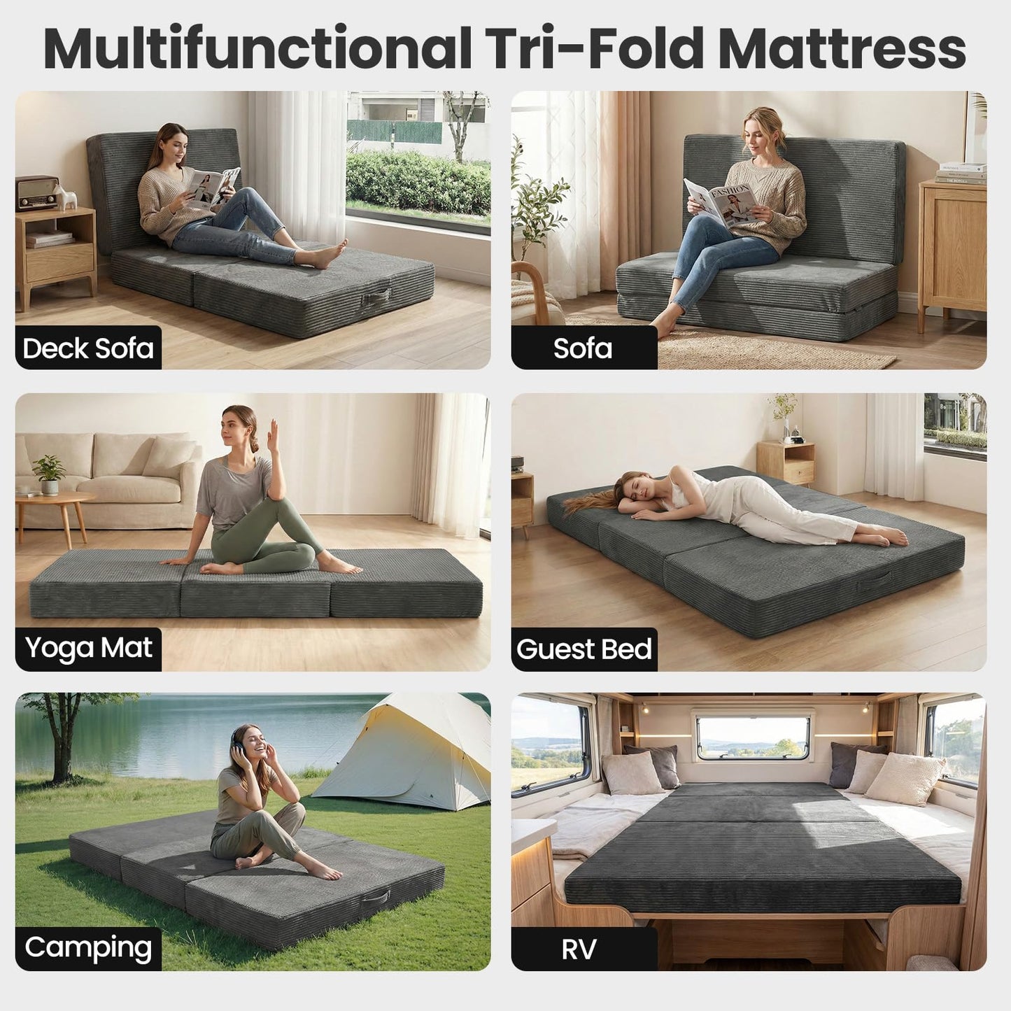 Erament 6-Inch Tri-Fold Mattress Full Size, Covertible Sofa Bed Foldable Futon Mattress with Handles & Non-Slip Bottom, Removable Machine Washable Corduroy Cover for Guest, Camping, Dorm
