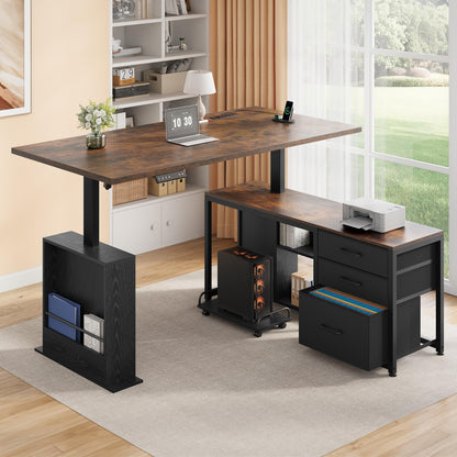 Homiflex 63 Inch L Shaped Desk with 3 Drawers Electric Standing Desks with Storage Computer Table Adjustable Height with Power Outlets 4 Memory Presets for Home Office, Rustic Brown