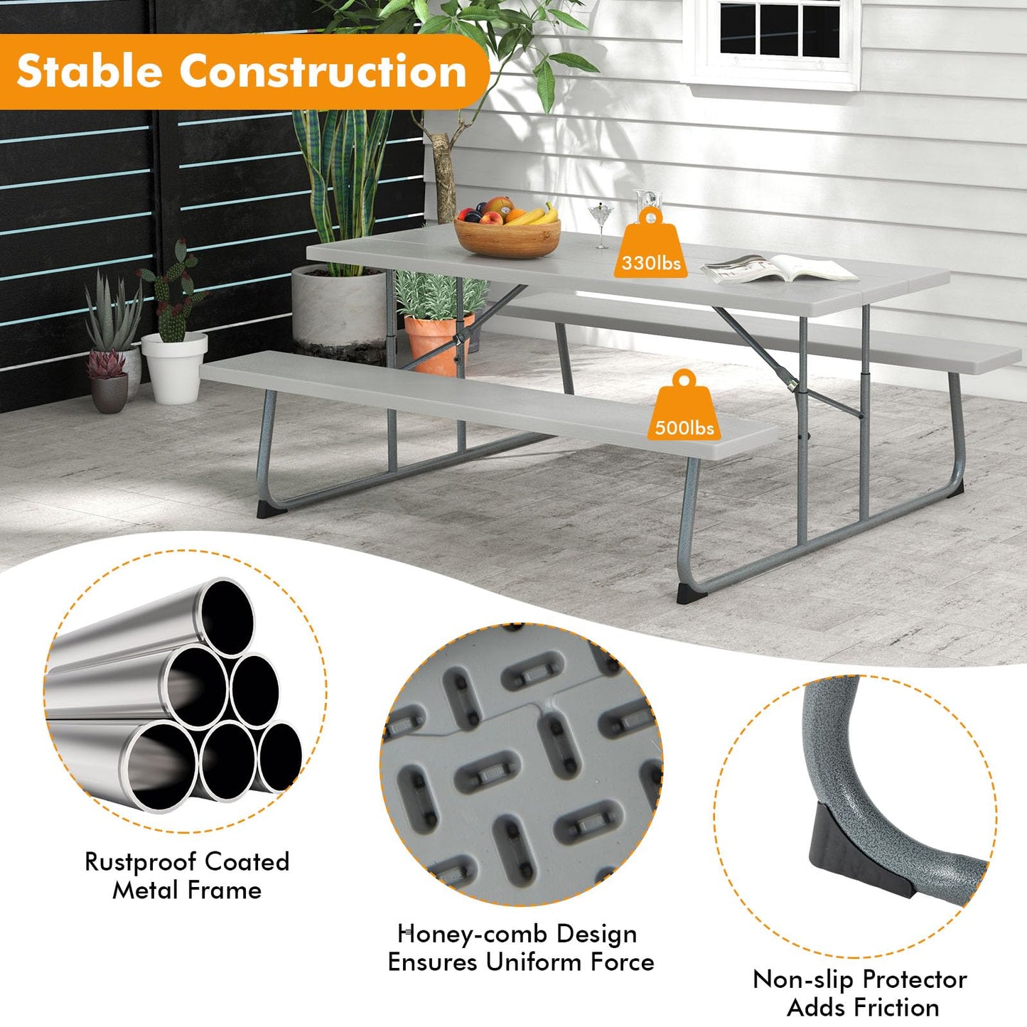 Tangkula 6 Ft Folding Picnic Table, Outdoor 8 Person Large Picnic Table Set with 2 Built-in Benches, Umbrella Hole, Metal Frame & HDPE Tabletop for Garden, Backyard (Grey)