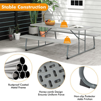 Tangkula 6 Ft Folding Picnic Table, Outdoor 8 Person Large Picnic Table Set with 2 Built-in Benches, Umbrella Hole, Metal Frame & HDPE Tabletop for Garden, Backyard (Grey)