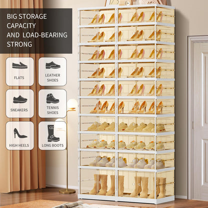 EHAMILY 10 Tiers 20-40 Pairs Foldable Shoe Rack for Closet Plastic Stackable Shoe Boxes for Garage Collapsible Shoes Shelf with Doors Storage Organizer Cabinet Quick Assembly,Brown