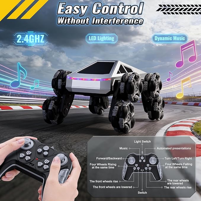 Remote Control Car 8 Wheels RC Stunt Car with LED Lights &amp Music 2.4GHz RC Drift Car for Boys Aged 6-14 Christmas Birthday Gift for Kids