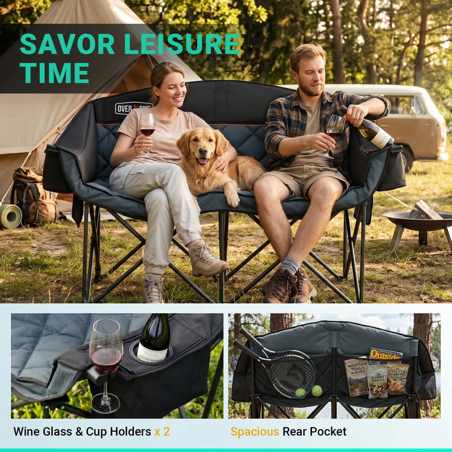 Overmont Oversized Double Camping Chair for Adults Supports up to 850 lbs XXL Heavy Duty Padded Folding Loveseat with Cooler Bag and Cup Holder for Outdoor, Beach, Fishing, Lawn, Black