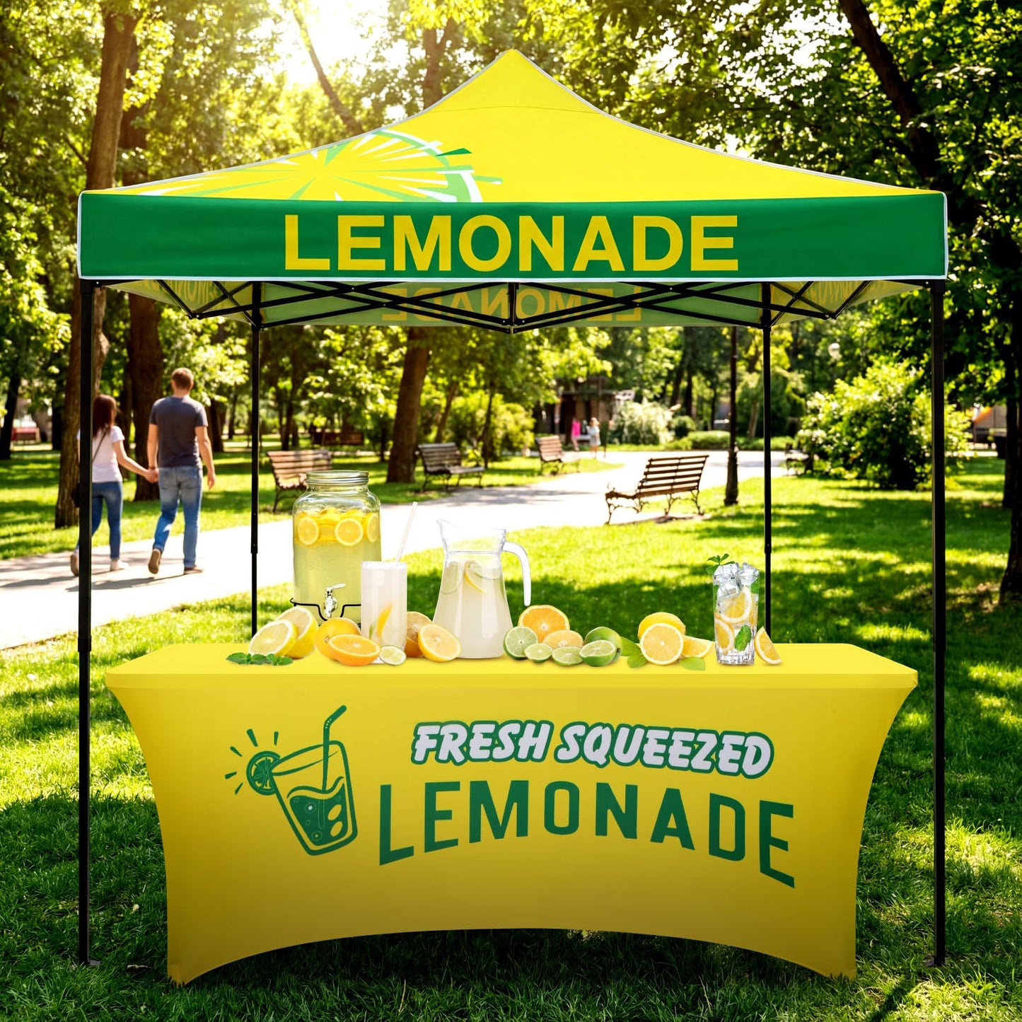 Oudain 10x10 Lemonade Themed Pop up Canopy Tent Commercial Canopy for Food Vendors Heavy Duty Pop up Shelter for Outdoor Catering Advertising Stand with Iron Frame and Silver Coated Fabric
