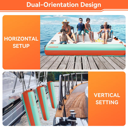 GYMMALL Inflatable Boat Bumpers for Docking Boat Fenders with 600W Electric Pump, 10FT Heavy Duty PVC Dock Bumpers Fenders 1 Pack for Fishing Boats, Jet Skis, Yachts, Floating Dock - Orange Green