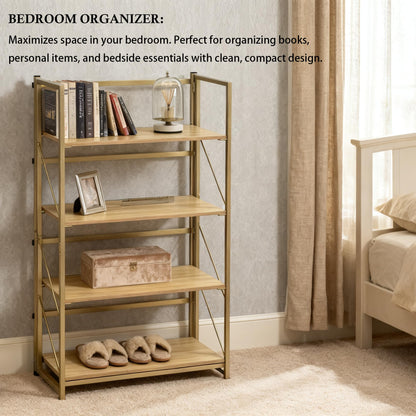 Kogven Folding Bookshelf, 2-in-1 Convertible Design, Multifunctional Plant Stand Storage Rack Shelves for Home Office, Easy Assembly, 4-Tier,Gold & Nature Wood