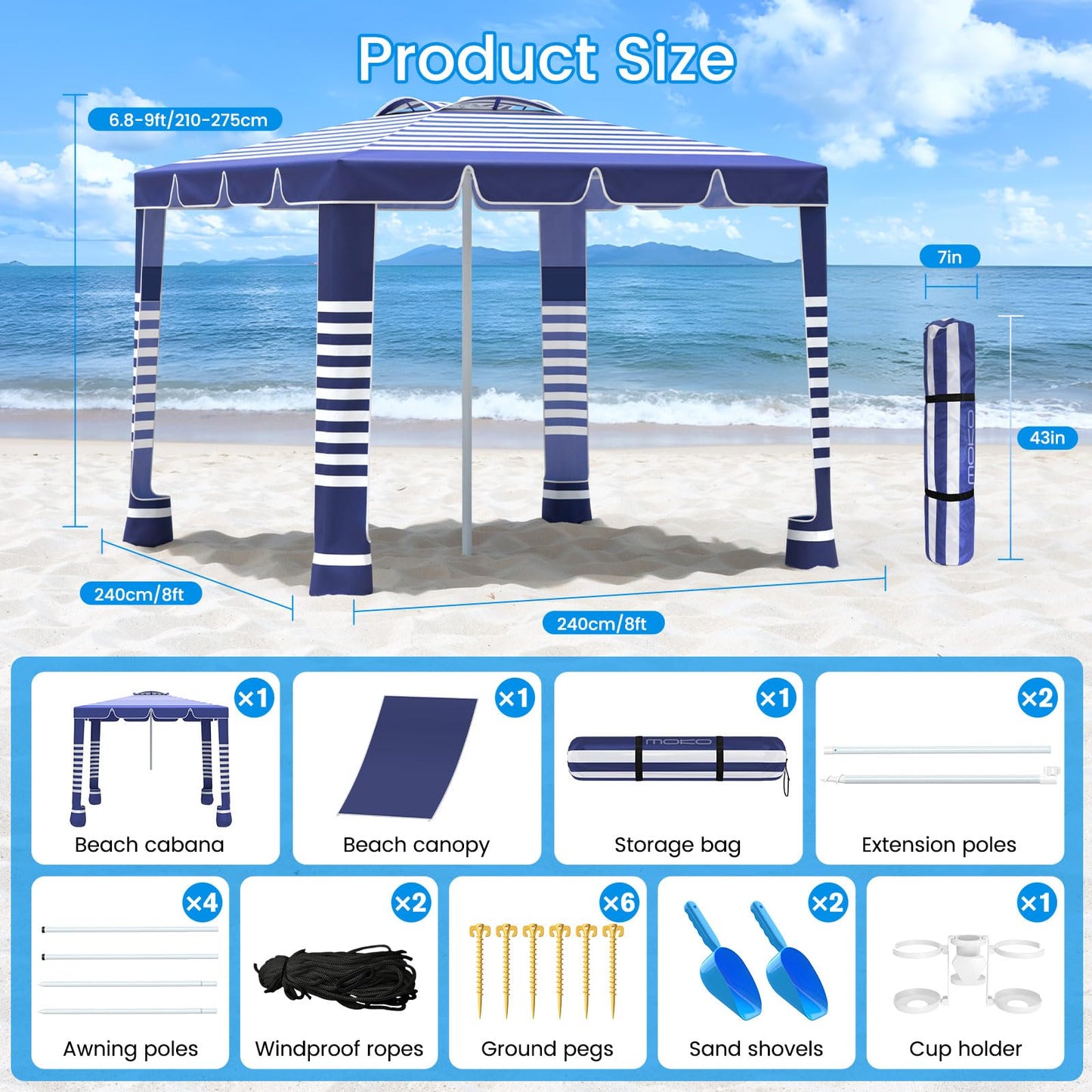 MoKo Beach Cabana,120 Sq. Ft. Large Beach Canopy Tent Sun Shade, UPF 50+ Protection Easy Setup Beach Tent, Adjustable Height Wind Resistant Cabana Sun Shelter for Whole Family, Navy Stripes