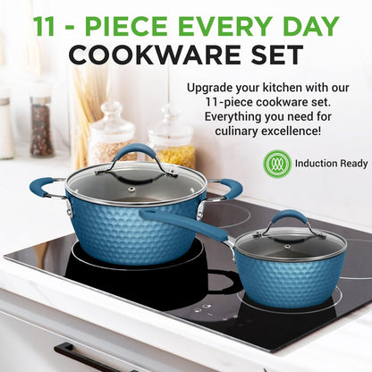 NutriChef 11 Pc Pots and Pans Set - Non Stick Cookware Set with Ceramic Coating, Ergonomic Handles, Induction Ready, Includes Saucepan, Dutch Oven, Large & Small Fry Pans - Royal Blue